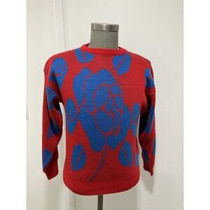 1980s Vintage Womens Sweater Floral Bright Colorful Knit Crew Neck Retro 80s